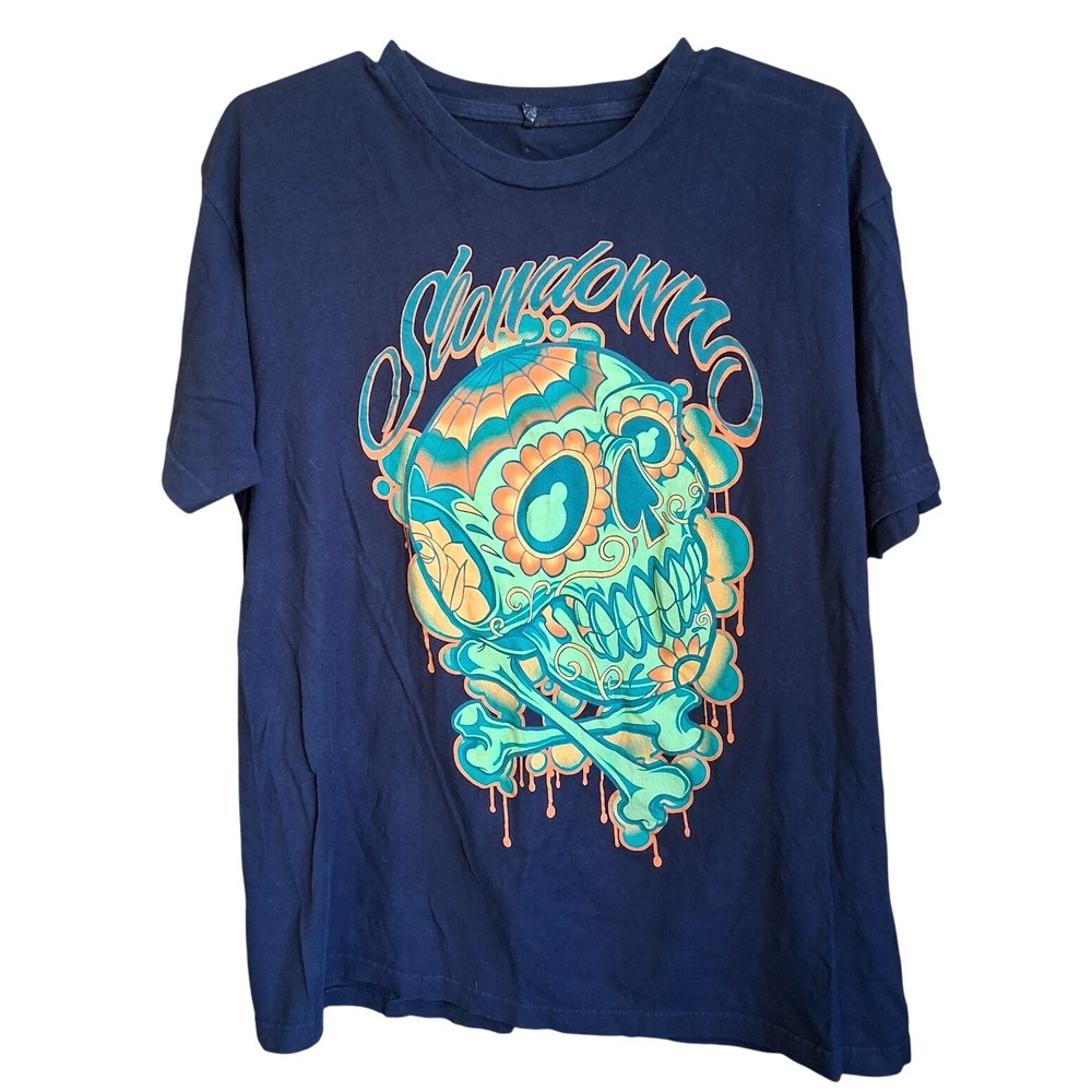 Slowdown Double sided‎ Graphic SS Tee Large Sugar Skull Navy Gildan Tag EUC